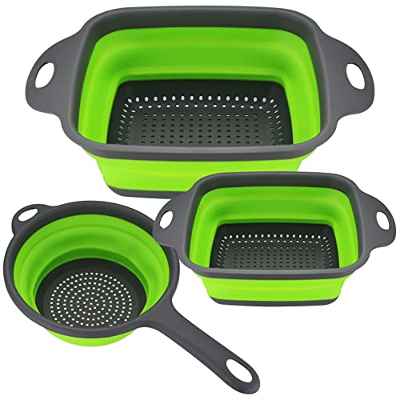 3 Piezas Coladores de Silicona Plegable, Coladores de Alimentos, Cesta de Drenaje, Coladores de Cocina Plegable con Asa para Escurrir Pasta Frutas y Verduras - Verde