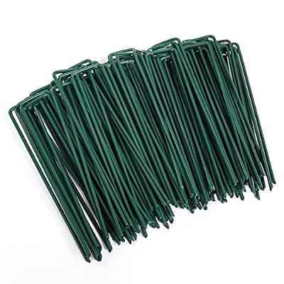 AGAKY 100 Piquetas,Grapas para Jardin,Clavijas Camping,Grapas Cesped Artificial para Césped Artificial,Redes de Control de Malezas y Cercas,U Clavo Metal Galvanizado Verde(100,6in/3mm)