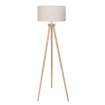 Aigostar Lámpara de Pie Salón Vintage de Madera Trípode, Lampara de Pie con Pantalla de Lino e Interruptor de Pie, Compatible con Bombillas E27, Madera Maciza, Estilo Nórdico
