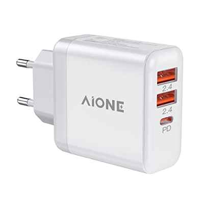 Aione Cargador USB C, 30W Cargador Carga Rapida iphone, 3 Puertos Cargador PD 3.0 Enchufe USB Multiple Cargador Tipo C Adaptador Para iPhone 13 12 11 Pro Max XS X 8 7 6,iPad,Samsung S21/S20,Redmi note