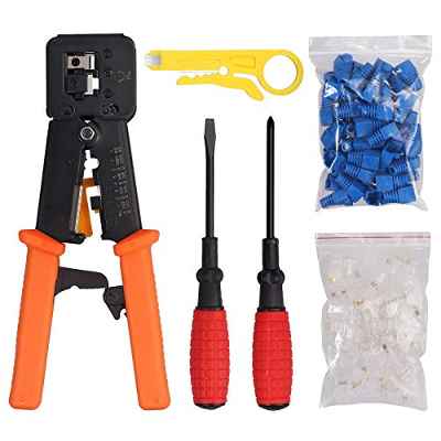 Alicate Rj45 CAT5 CAT5e Cat6 para Conectores Paso RJ45 / RJ12 Herramienta de Crimpado RJ45 con 50 Conectores 2 Destornilladores y Pelacables Crimpadora RJ45 Kit Herramienta para Cables Red