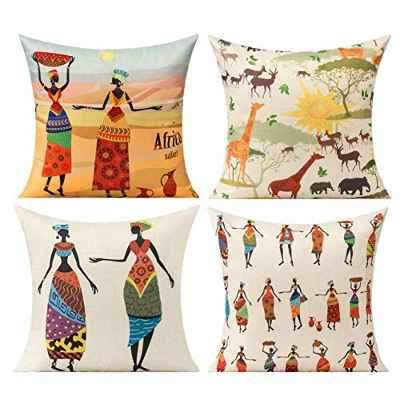 All Smiles Africana Exterior Fundas de Cojines y de Almohadas Decorativos Decoración Étnica para el Hogar al Aire Libre 45x45CM 4PC para Sofá del Salón