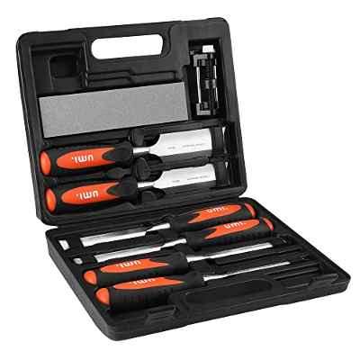 Amazon Brand – Umi 8 piezas Juego de Cinceles de Madera, Juego de Formones para Madera(6/12/19/25/32/38mm), Acero Cr-V, Mango antideslizante, con Guía y Piedra para Afilar, ideal para carpintería