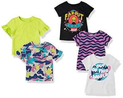 Amazon Essentials Camisetas de Manga Corta (Previamente Spotted Zebra) Niña, Pack de 5, Espacio, 4 años