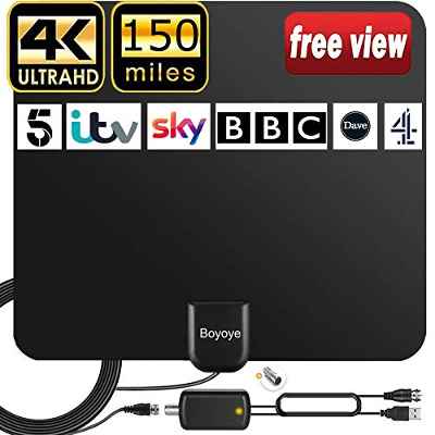 Antena de TV, Boyoye Antena de TV interior para Freeview Digital 4K 1080P HD VHF UHF DVB-T2 DVB-T para Canales Locales Rango de 150 Millas Compatible Con Todos Los Televisores - Cable Coaxial de 5M