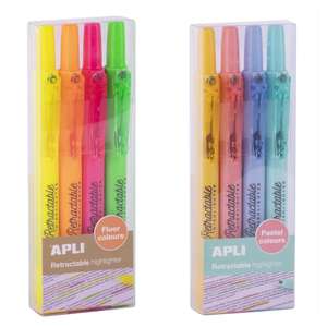 APLI Pack de 4 subrayadores retractables de punta biselada, Flúor ó Pastel
