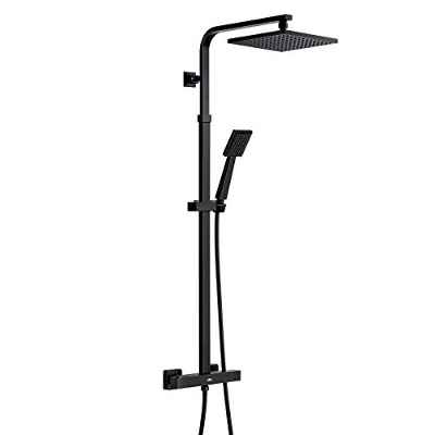 AuraLum Columna de Ducha Termostatico 38°C, Distancia de instalación se puede ajustar 850-1120mm, con 8“ Alcachofa Ducha Lluvia y Cuadrado Ducha de Mano, Set de Ducha Latón Negro