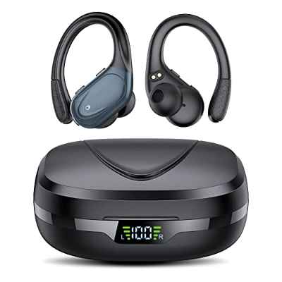 Auriculares Inalambricos, 60H con Indicador de Carga LED, Auriculares Bluetooth 5.3, Llamada Clara CVC8.0, Auriculares Inalambricos Deportivos con Gancho, Bajos Profundos, IPX7 Impermeable.