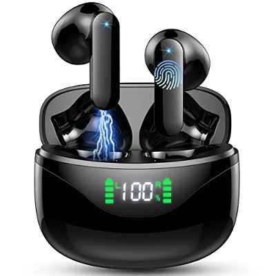 Auriculares Inalámbricos, Auriculares Bluetooth 5.3 con 4 HD Mic 13 mm Controlador, Mini Cascos Inalambricos Bluetooth IP7 Impermeables/Pantalla LED, 36H In Ear Audifonos Control Táctil USB-C Negro