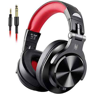 Auriculares OneOdio sobre la oreja, auriculares DJ con cable, auriculares HiFi de estudio con puerto compartido para monitor de grabación AMP de guitarra de piano e-drum (Rojo)