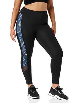 AURIQUE Mallas de Deporte Tiro Alto Mujer, Negro/Azul Intenso, Mármol, 44