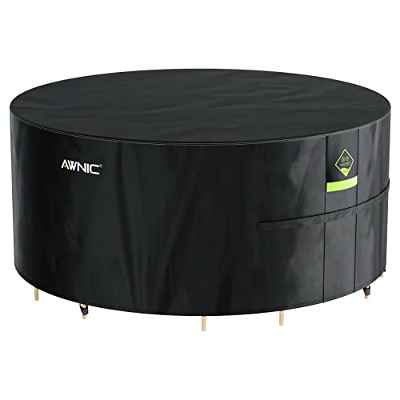 AWNIC Fundas para Muebles de Jardín Impermeable con Ganchos Oxford 420D, Cubiertas de Mesa de exterior al Aire Libre Anti-UV a Prueba de Viento, redondo Negro (Ø215*71cm)