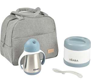 BÉABA, Set de Comida Isotérmica para Bebés, Fiambrera 500ml, Vaso con Pajita 250ml, Cuchara, Azul (Rosa en descripción)