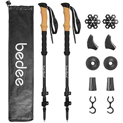 bedee Bastones de Trekking de Carbono,Bastones de Senderismo Telescopicos,Palos Senderismo Ultraligero 65cm-135cm con Mango de Corcho Anti-Sudor,Muñequera Ajustable, para Caminar, Montaña Alpinismo