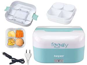 BEPER Foody Calentador de Comida portátil 2 en 1, contenedor Divisible en 4, Encendedor de 12 V para automóvil, 50 W Cubiertos incluidos