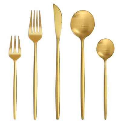 Bestdin Juego de cubiertos dorados mate, 30 piezas, juego de cubertería para 6 personas, con cuchillo, tenedor, cuchara, acero inoxidable, apto para lavavajillas