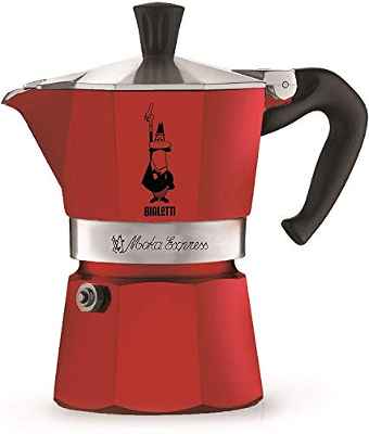 Bialetti Moka Express Red Cafetera Italiana Espresso, 3 Tazas, Apta para Todas Excepto Las Placas de inducción, Aluminio, Rojo