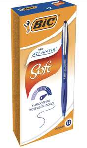 BIC Atlantis Soft - Bolígrafos retráctiles de punta media (1.0 mm), escritura fluida, caja de 12 unidades, color azul