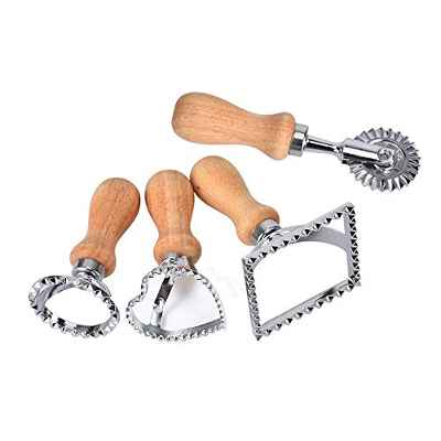Bkrdty Cortadores de Raviolis 4 Piezas Juego de cortadores de Raviolis Rueda Corazón Cuadrado Redondo Cortapastas con Mango de Madera para Hacer Raviolis Pasta Empanadillas o Galletas