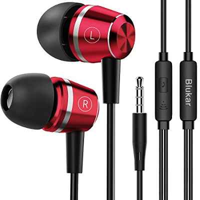 Blukar Auriculares In Ear, Auriculares con Cable y Micrófono Headphone Sonido Estéreo para Phone,Galaxy, Huawei, XiaoMi, PC, MP3/MP4 Android y Todos los Dispositivos de Auriculares de 3,5 mm(Rojo)