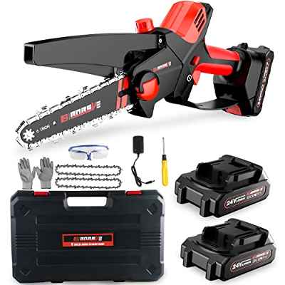 BOBSVILLE Mini Motosierra con Batería, Motosierra Inalámbrica de 6 Pulgadas, con 2 Cadenas de Repuesto y 2 Baterías de 24 V y Cargador Rrápido para Jardinería, Corte de Madera