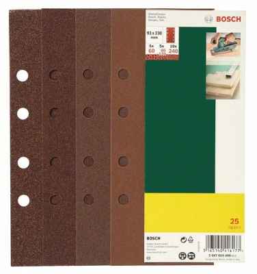 Bosch 2607019499 - Paquete de 25 lijas para lijadoras orbitales (93 x 230 mm, 8 perforaciones, grano 60, 80, 120, 240)