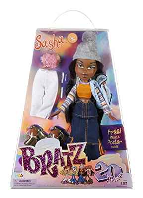 Bratz Edición Especial 20 Años Muñeca de Moda Original Sasha - Caja holográfica y póster - Coleccionable - Réplica de la versión de 2001 - Incluye 2 Vestidos, Zapatos, Bolso y más