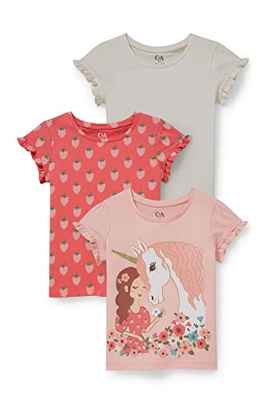 C&A Camiseta para niños y niñas, diseño impreso, color liso, paquete de 3 unidades, Rosa., 4 años