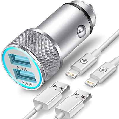 Cargador de Coche TIKALONG con 2 Cables Lightning, Enchufe USB de 2 Puertos para Mechero con LED, Adaptador de Móvil Teléfono de Metal 2,4A, Apto para iPhone 13/12/11/Pro Max/mini/SE/XS/XR/X/8/7 etc.