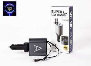 Cargador de Coche Ultra Rápido 120W Turbo Charging con Cables Retráctiles de 80CM, 4 Puertos, Compatible con Android y iPhone