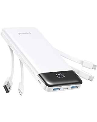 Charmast Power Bank 10000mAh con Cables Integrados, USB C Cargador Portátil 5V / 3A Powerbank Pantalla LED con 6 Salidas y 3 Entradas para iPhone Samsung Huawei Xiaomi