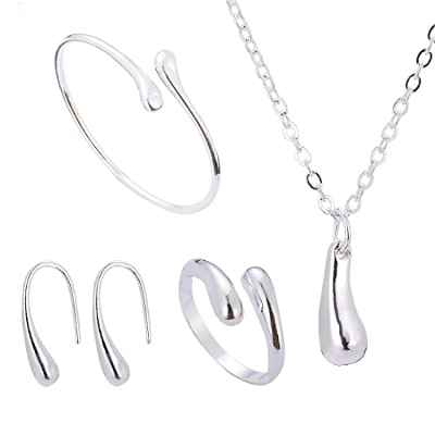 Clyhon - Pendientes de gancho de lágrima brillante chapados en plata 925 para mujer pendientes de gota de agua, anillo de gota de agua, collar de gota de agua pulsera de gota de agua juego de 4 piezas