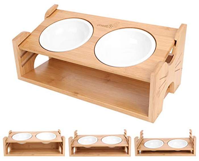 Comedero de bambú doble para gatos con 3 alturas diferentes