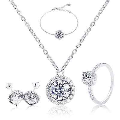 Conjunto de joyas y collar de pendientes, anillo infinito, plata de ley 925, circonita cúbica, sin fin, símbolo de anillo encantador para mujer, fiesta, boda, regalo con paquete, Placcato plateado