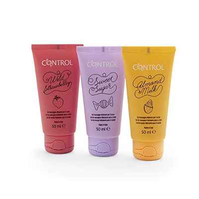 Control Sweet Pleasure 2 en 1 Kit de viaje con geles de masaje corporal de aromas exclusivos, 3 x 50 ml, Transparente