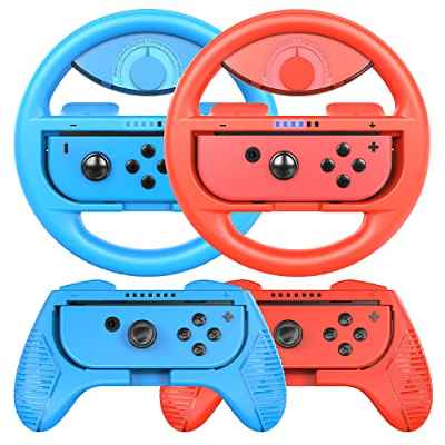 COODIO Volante y Grip Switch, Switch Joy-Con Racing Wheel Volante, Mandos Grip Joy-Con para Mario Kart Juegos / Nintendo Switch / Switch OLED, Rojo Neón / Azul Neón (Pack de 4 Deluxe)