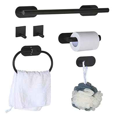 efuky Barra de Toalla Autoadhesiva, Juego de Barra de Toalla de Acero Inoxidable de 40CM para Baño o Cocina, Mate, Negro