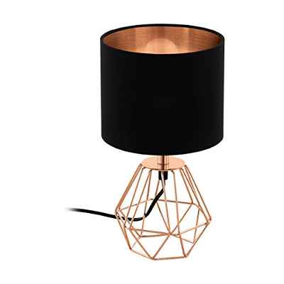 EGLO Lámpara de Mesa Carlton 2 Vintage con 1 Bombilla, Lámpara de Mesita de Noche de Acero y Tela, Colores Cobre, Negro, Casquillo E14, Interruptor Incluido