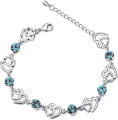 Elementos de Swarovski Mujer Pulsera de Plata de Ley 925 con Amor Pulsera Corazón de Cristal Azul para Mujeres Niñas Día de la Madre Regalo de Joyería