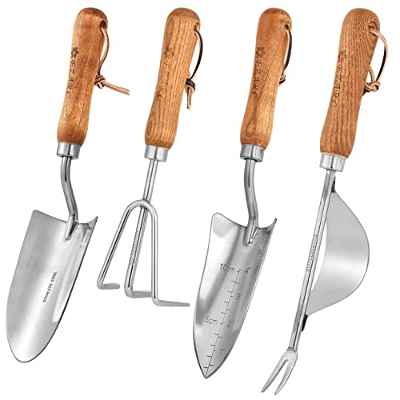 EZARC 4 Piezas Juego de Herramientas de Jardín, Herramientas de Jardinería de Acero Inoxidable, Mango de Madera con Rastrillo de Mano, Paleta, Cultivadora, Desyerbadora