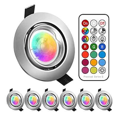 Foco LED Empotrable RGBW,Cambio de Color,Redondo Metálica Giratorio,Regulable con Mando a Distancia,Ojos de Buey,Para Salón,Dormitorio,Cocina,Baño (6 unidades,RGB+5W Blanco Natural)