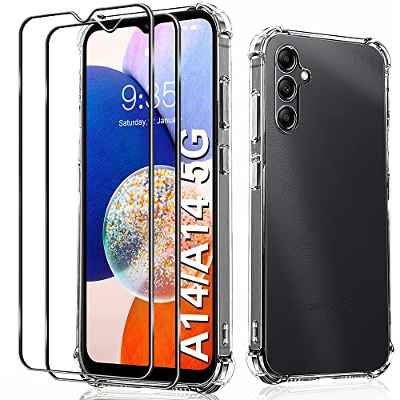 Funda para Samsung A14 4G/A14 5G,Samsung Galaxy A14 4G/A14 5G Transparente Carcasa+ 2 Pcs Protector de Pantalla y Cristal/Vidrio Templado,Suave TPU Silicona Caso Delgada Anti-arañazos Case Cover, 6.6"