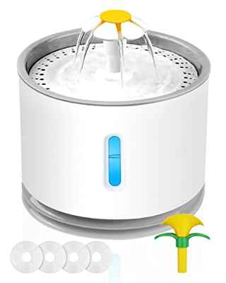 Gemokrt Fuente para Gatos 2.4L, Bebedero Gatos con 4 Modos De Flujo, 4 Filtros, Ventana De Nivel De Agua LED, Boquillas De Hojas Y Flores, Ultra Silencioso Automático Fuente Gatos, Perros, Mascotas