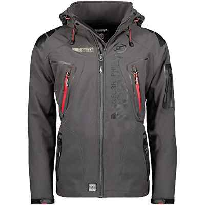 Geographical Norway Techno Men - Chaqueta Softshell Impermeable Con Capucha Para Hombre - Chaqueta Outdoor Cortavientos Resistente - Senderismo Esquí Otoño Invierno Primavera (Gris oscuro rojo XL)