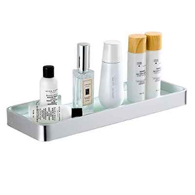 Gricol Bandeja de baño rectangular de vidrio templado, Cesta de ducha, Organizador de baño, Instalación sin clavos, sin daños, Adhesivo, Aluminio aeroespacial, Estante inoxidable para artículos
