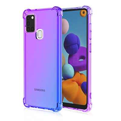 HAOYE para Samsung Galaxy A21S Funda, Funda Gradiente Transparente TPU, Carcasa Cristal Ultra Slim Flexible Suave Silicona TPU Bumper, Reforzar la Cuatro Esquinas Case Cover (Morado/Azul)