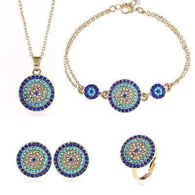 HMOOY Juego De Joyas De Ojo Malvado Redondo De La Suerte Turco Hamsa Azul Circonita Cúbica Cristal Colgante De Ojo Malvado Collar con Anillo Pulsera Y Aretes para Niñas Y Mujeres (Blue)
