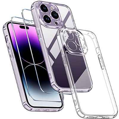 iVoler 3 in 1 Clear Funda para iPhone 14 Pro 6.1 Pulgadas con 2 Piezas Cristal Templado, [Nunca-Amarillo] [Protección Militar] [Protección de Cámara] Transparente Anti-Choque Carcasa Protectora