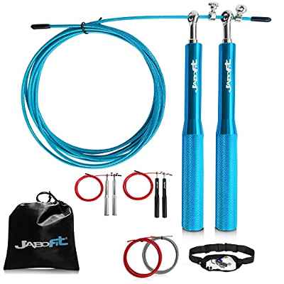 JABOFIT Comba Crossfit Hombre y Mujer, Cuerda para Saltar Alta Velocidad, Speed Rope Crossfit, fitness, Comba saltar ajustable incluye dos Cables extra, Riñonera deportiva (AZUL)