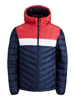 JACK&JONES PLUS JJEHERO Puffer Hood PS SN Chaqueta, Navy Blazer/Detail:True Red and White Color Blocking, 4XL para Hombre